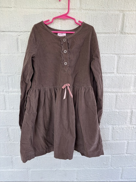 Hanna Andersson Other - Hanna Andersson Corduroy Brown Long-Sleeve Cotton Dress with Pink Bow sz 9/10